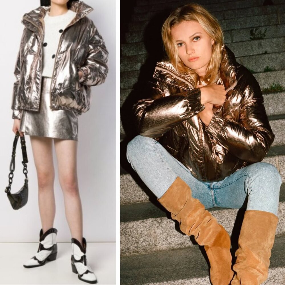 ba&sh Darcy Metallic Gold Bomber Jacket Chic Festival Glam Size 8 Punk Snow